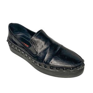 Prada Sport Black Saffiano Leather Spiked Studded Slip On Shoes EU 36.5 Loafer